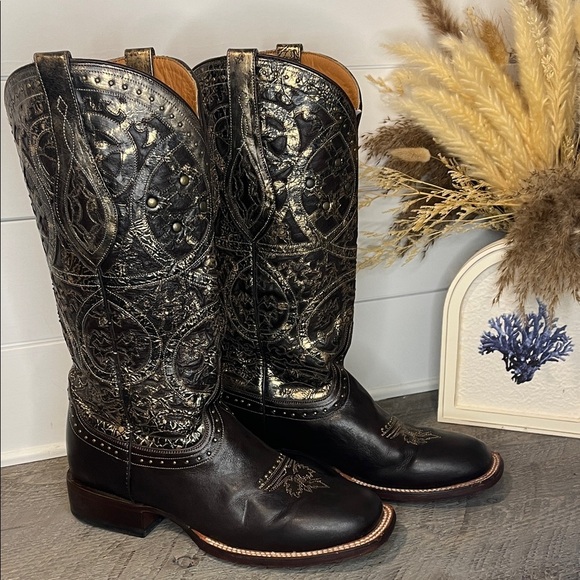Lucchese Shoes - Lucchese Snowflake Brown and Gold Cowboy Boots with Intricate Detailing Size 10
